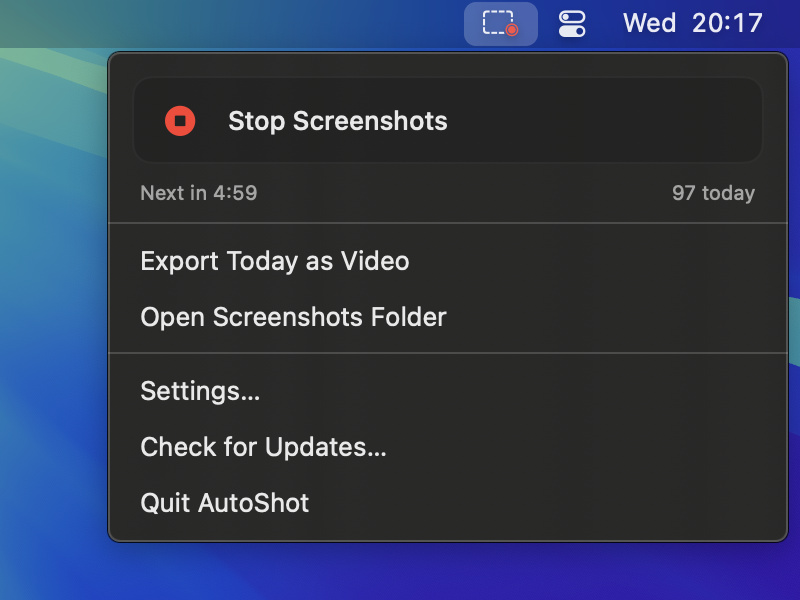 AutoShot's menu bar panel while capturing: the countdown to the next screenshot runs out and today's count goes from 96 to 97