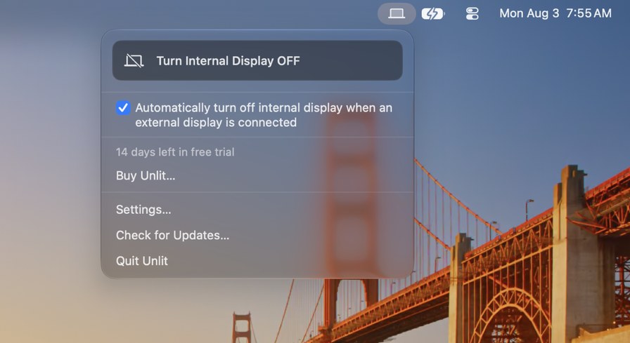 Unlit's menu bar panel, showing the toggle to turn the internal display off.